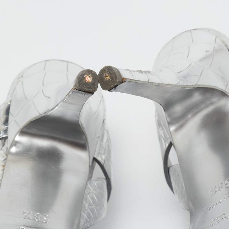 Pre Owned Saint Laurent Sliver Croc Embossed Leather Tribute Platform Sandals Size 38.5