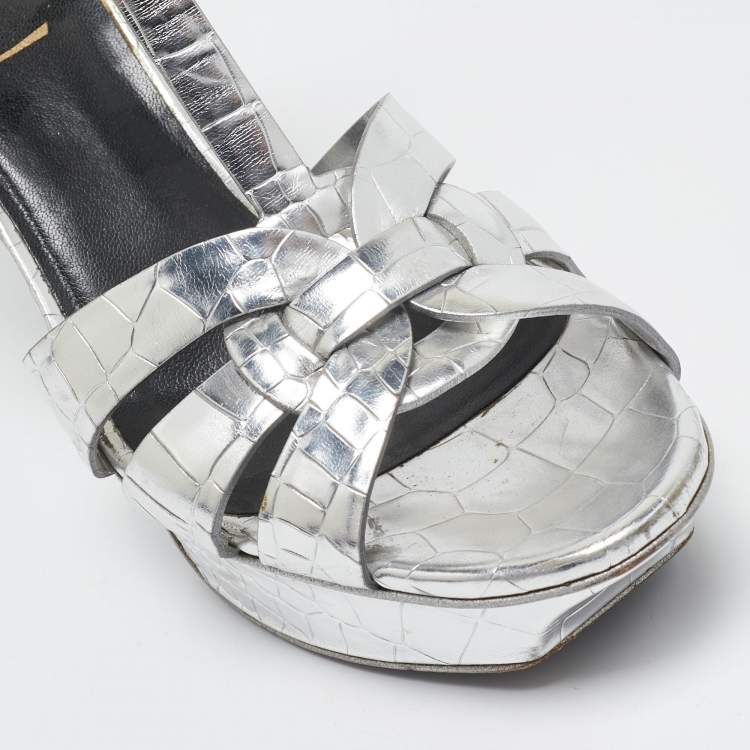 Pre Owned Saint Laurent Sliver Croc Embossed Leather Tribute Platform Sandals Size 38.5
