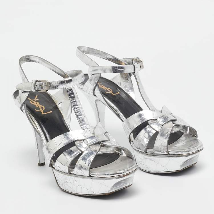 Pre Owned Saint Laurent Sliver Croc Embossed Leather Tribute Platform Sandals Size 38.5