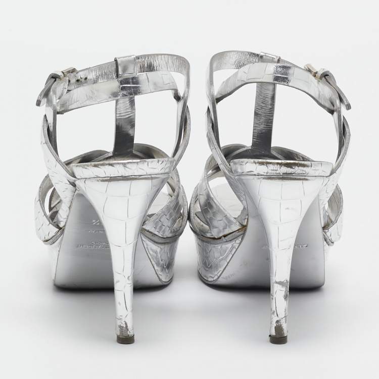 Pre Owned Saint Laurent Sliver Croc Embossed Leather Tribute Platform Sandals Size 38.5