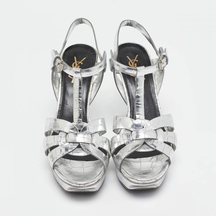 Pre Owned Saint Laurent Sliver Croc Embossed Leather Tribute Platform Sandals Size 38.5