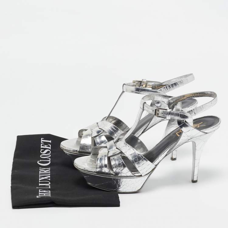 Pre Owned Saint Laurent Sliver Croc Embossed Leather Tribute Platform Sandals Size 38.5