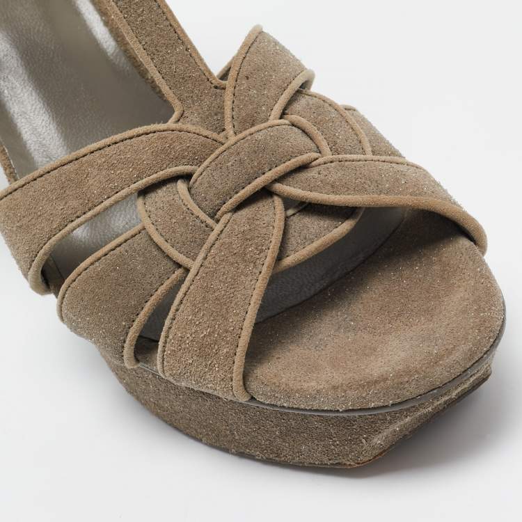 Pre Owned Saint Laurent Grey Coarse Glitter Suede Tribute Platform Sandals Size 39