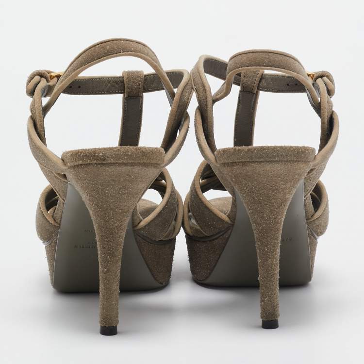 Pre Owned Saint Laurent Grey Coarse Glitter Suede Tribute Platform Sandals Size 39