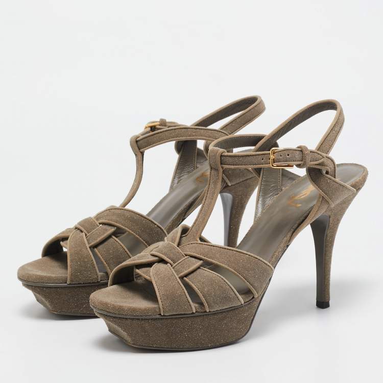 Pre Owned Saint Laurent Grey Coarse Glitter Suede Tribute Platform Sandals Size 39