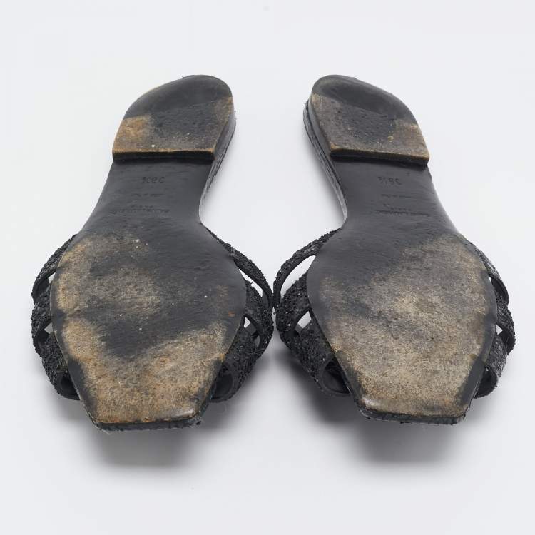 Pre Owned Saint Laurent Black Glitter and Ayers Tribute Flat Slides Size 38.5