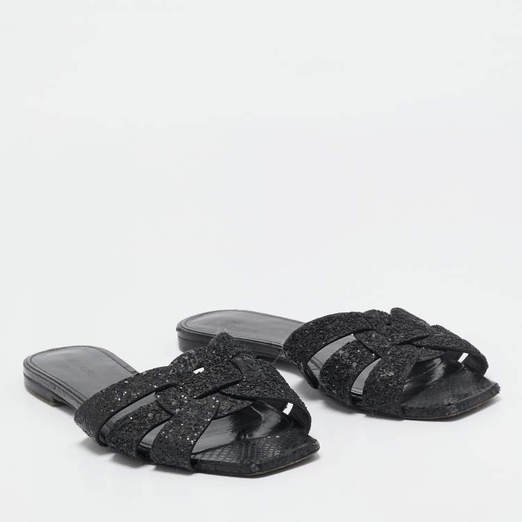 Pre Owned Saint Laurent Black Glitter and Ayers Tribute Flat Slides Size 38.5