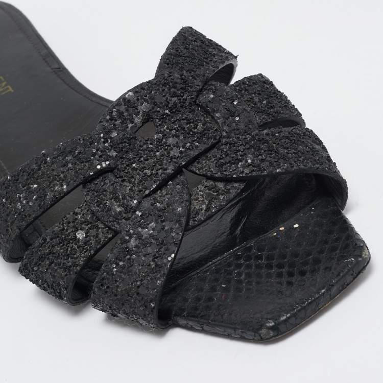 Pre Owned Saint Laurent Black Glitter and Ayers Tribute Flat Slides Size 38.5