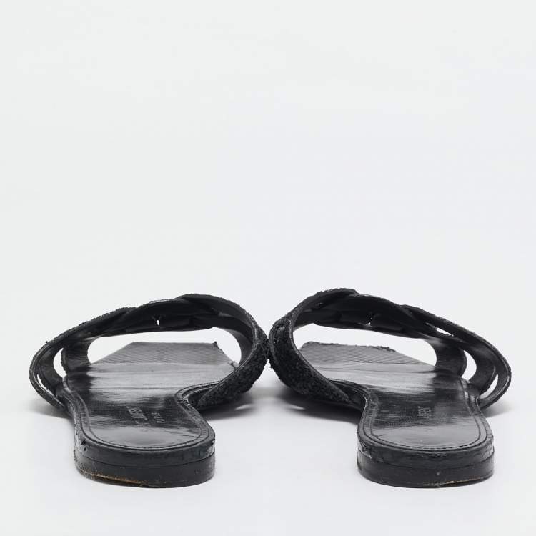 Pre Owned Saint Laurent Black Glitter and Ayers Tribute Flat Slides Size 38.5