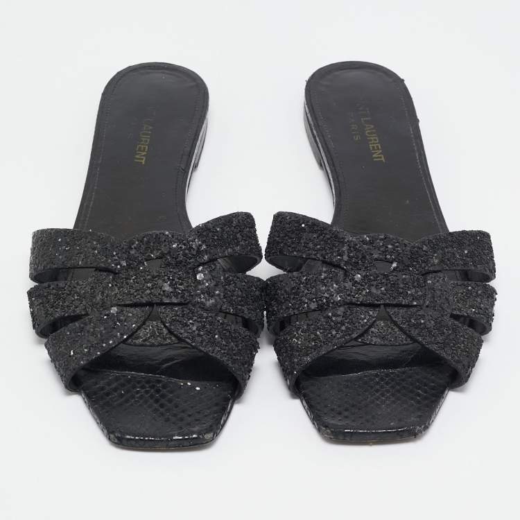 Pre Owned Saint Laurent Black Glitter and Ayers Tribute Flat Slides Size 38.5