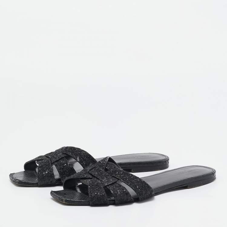 Pre Owned Saint Laurent Black Glitter and Ayers Tribute Flat Slides Size 38.5