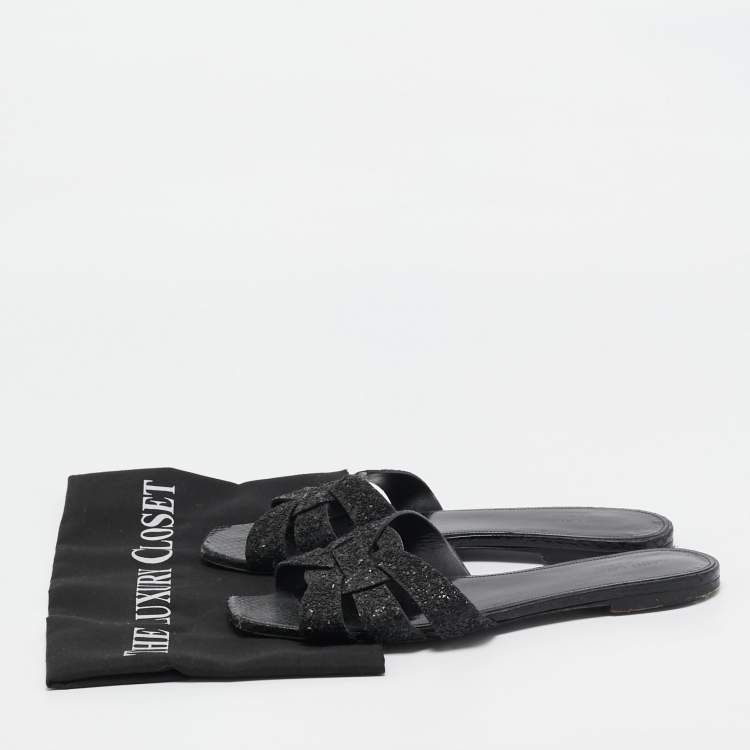 Pre Owned Saint Laurent Black Glitter and Ayers Tribute Flat Slides Size 38.5