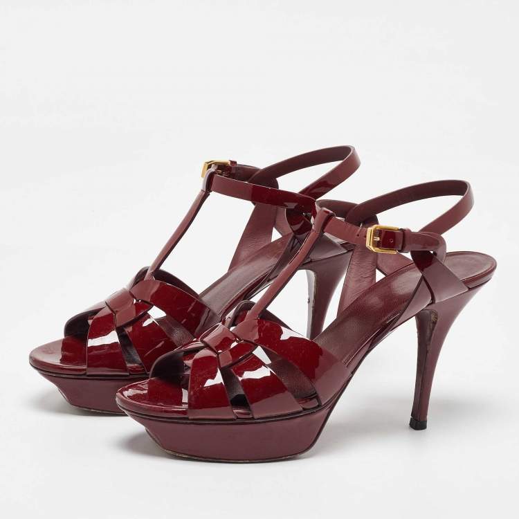 Pre Owned Saint Laurent Burgundy Patent Leather Tribute Platform Sandals Size 39