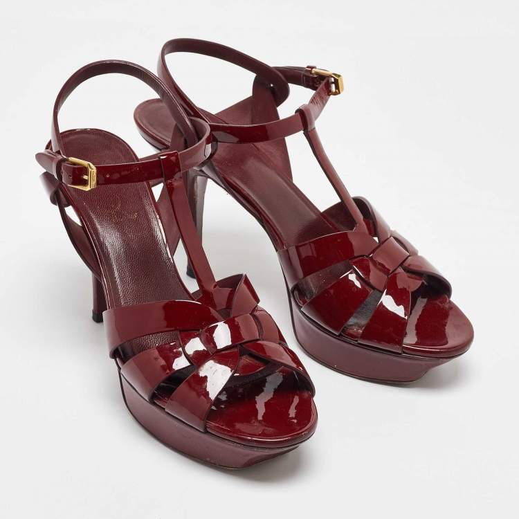Pre Owned Saint Laurent Burgundy Patent Leather Tribute Platform Sandals Size 39