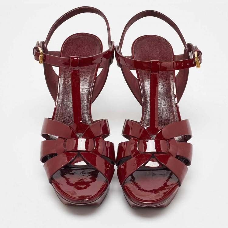 Pre Owned Saint Laurent Burgundy Patent Leather Tribute Platform Sandals Size 39