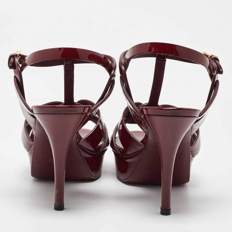 Pre Owned Saint Laurent Burgundy Patent Leather Tribute Platform Sandals Size 39