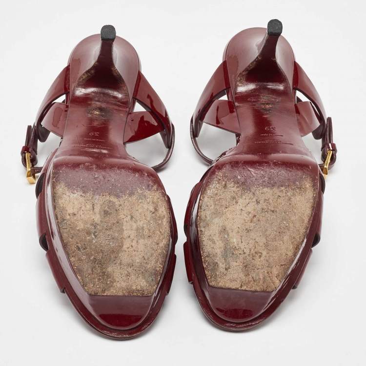 Pre Owned Saint Laurent Burgundy Patent Leather Tribute Platform Sandals Size 39