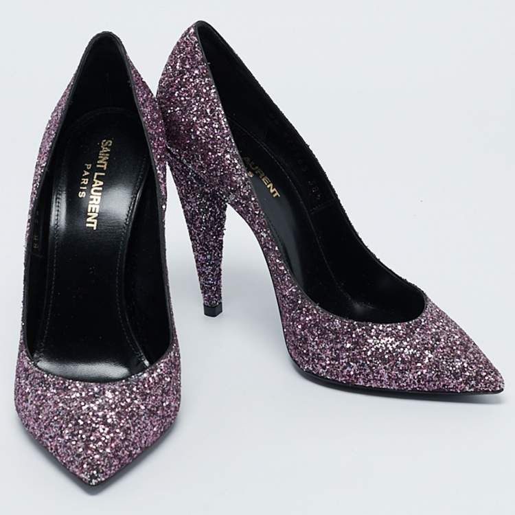 Pre Owned Saint Laurent Purple Glitter Pointed Toe Pumps Size 38.5