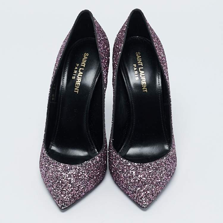 Pre Owned Saint Laurent Purple Glitter Pointed Toe Pumps Size 38.5