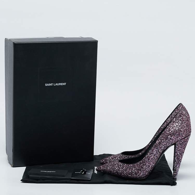 Pre Owned Saint Laurent Purple Glitter Pointed Toe Pumps Size 38.5