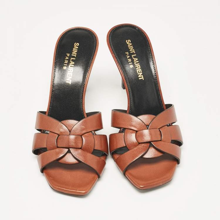 Pre Owned Saint Laurent Brown Leather Tribute Slide Sandals Size 35.5