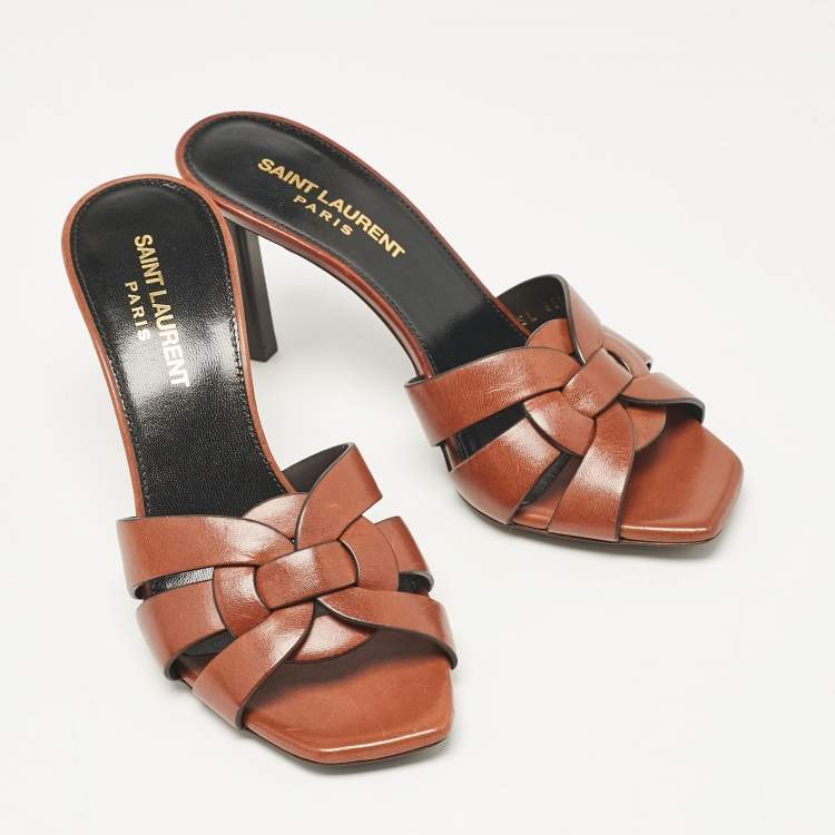 Pre Owned Saint Laurent Brown Leather Tribute Slide Sandals Size 35.5