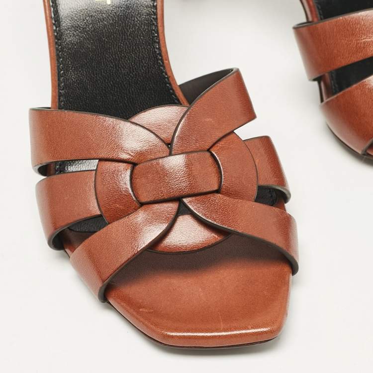 Pre Owned Saint Laurent Brown Leather Tribute Slide Sandals Size 35.5