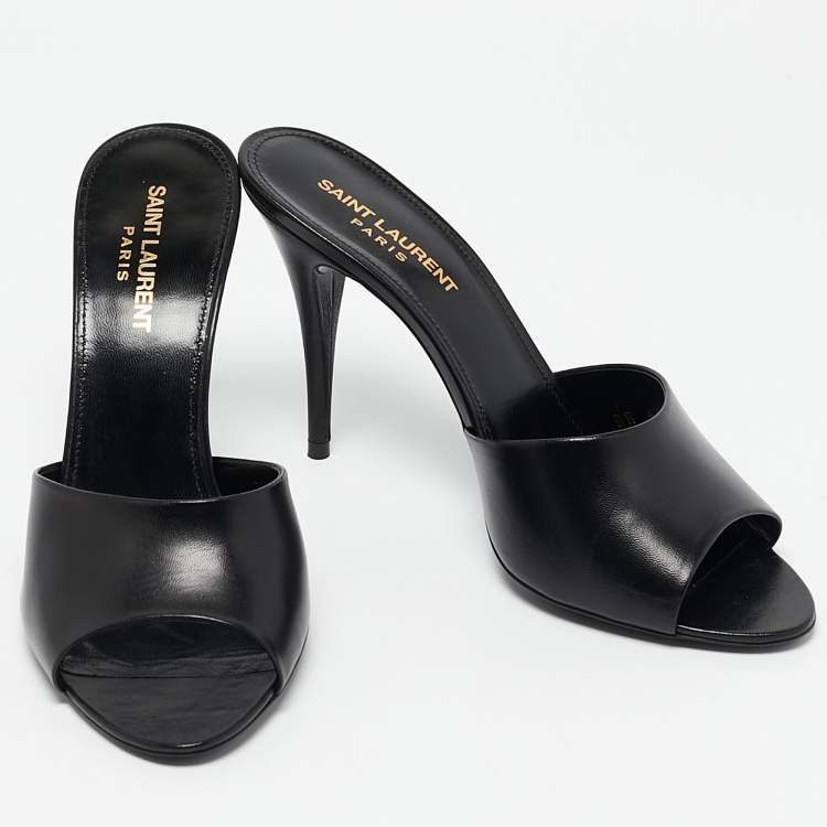 Pre Owned Saint Laurent Black Leather LA 16 Slide Sandals Size 38