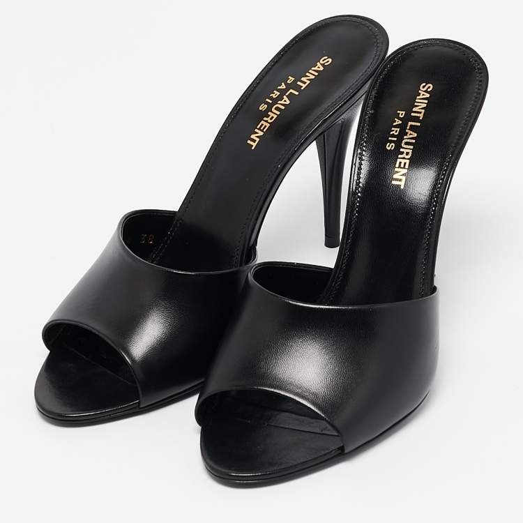 Pre Owned Saint Laurent Black Leather LA 16 Slide Sandals Size 38