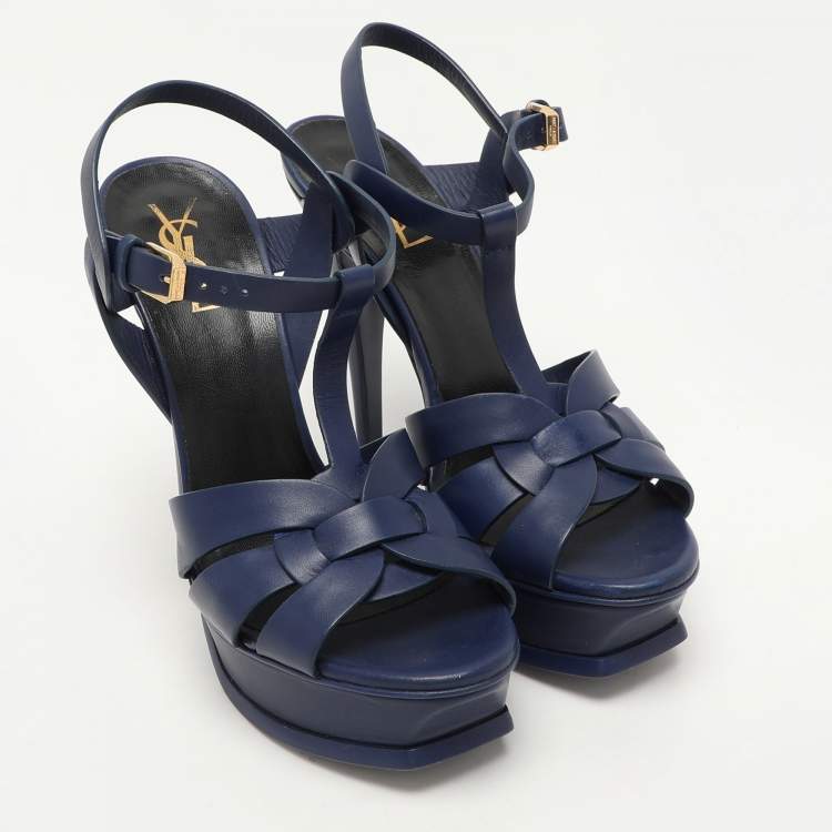 Pre Owned Saint Laurent Blue Leather Tribute Platform Ankle Strap Sandals Size 37