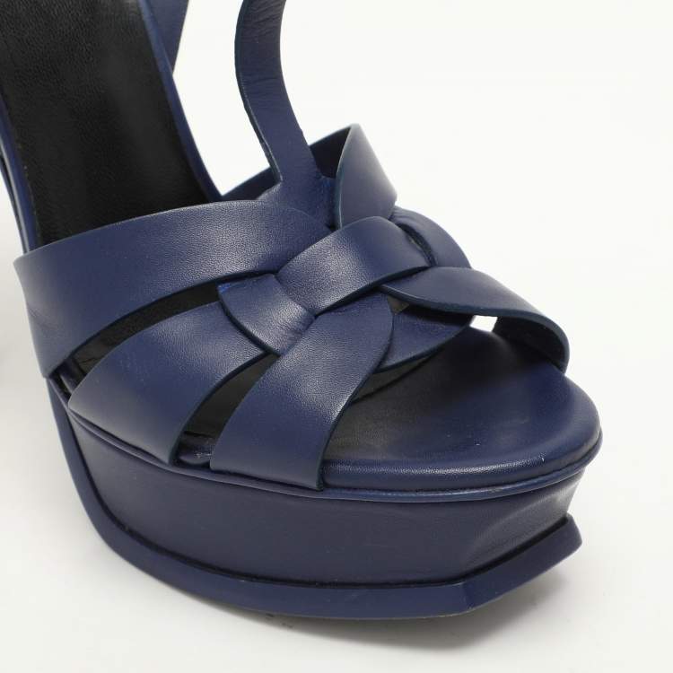 Pre Owned Saint Laurent Blue Leather Tribute Platform Ankle Strap Sandals Size 37