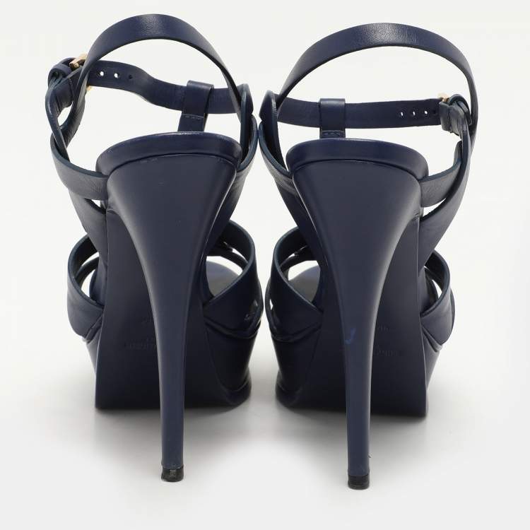 Pre Owned Saint Laurent Blue Leather Tribute Platform Ankle Strap Sandals Size 37