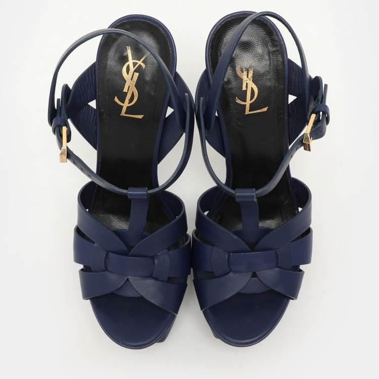 Pre Owned Saint Laurent Blue Leather Tribute Platform Ankle Strap Sandals Size 37
