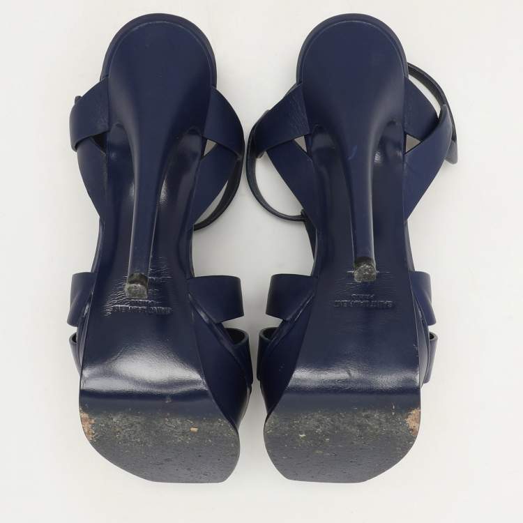 Pre Owned Saint Laurent Blue Leather Tribute Platform Ankle Strap Sandals Size 37