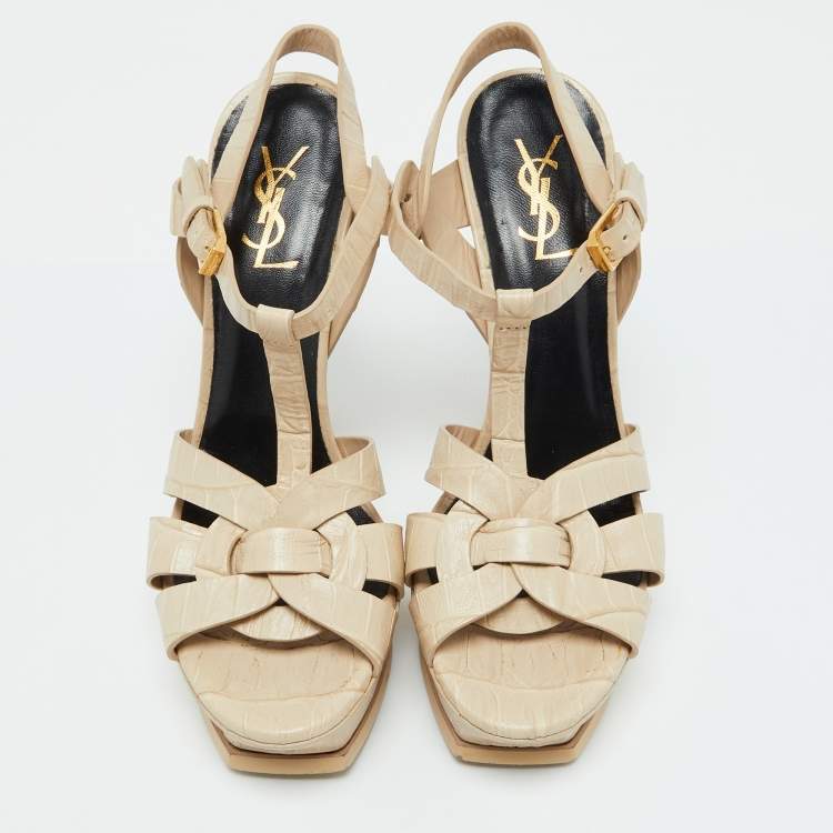 Pre Owned Saint Laurent Beige Croc Embossed Leather Tribute Platform Sandals Size 40