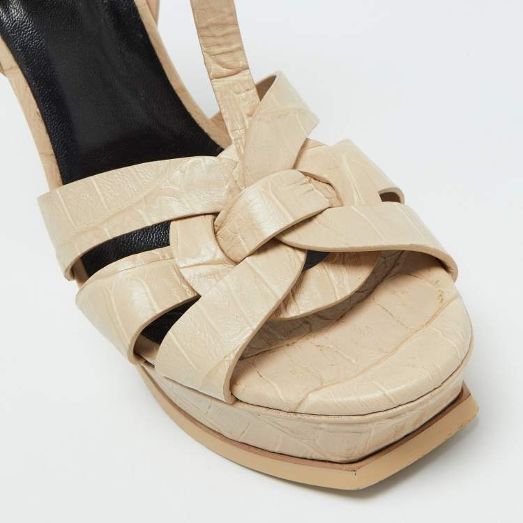 Pre Owned Saint Laurent Beige Croc Embossed Leather Tribute Platform Sandals Size 40