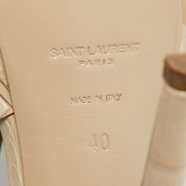 Pre Owned Saint Laurent Beige Croc Embossed Leather Tribute Platform Sandals Size 40