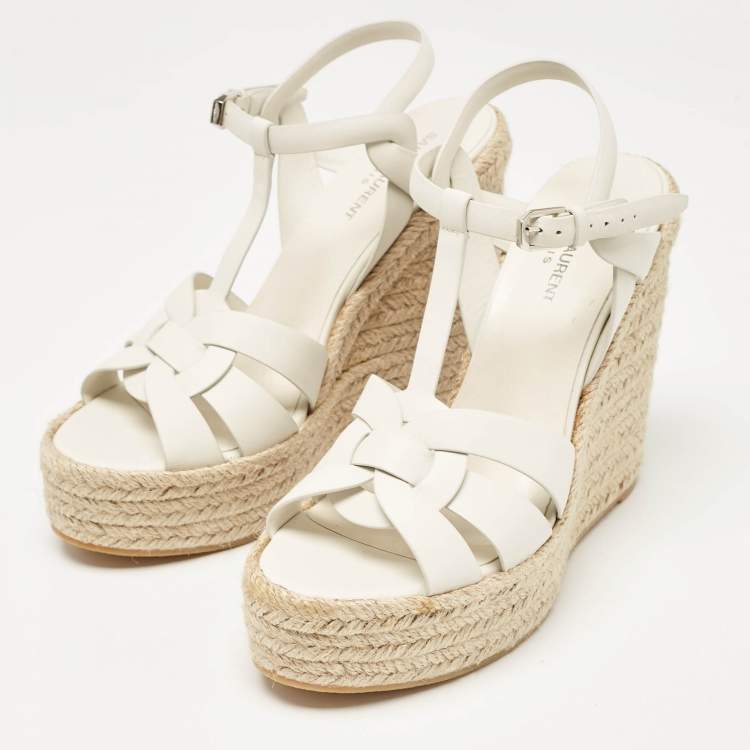 Pre Owned Saint Laurent White Leather Tribute Wedge Sandals Size 40