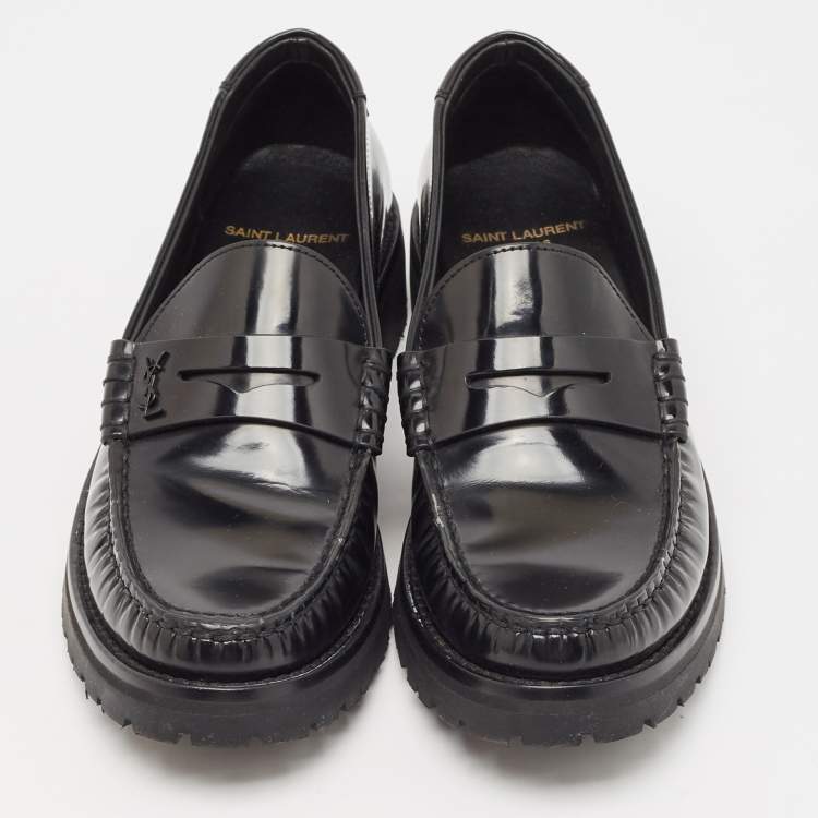 Pre Owned Saint Laurent Black Leather Penny  Loafers Size 38.5