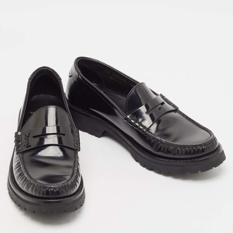 Pre Owned Saint Laurent Black Leather Penny  Loafers Size 38.5