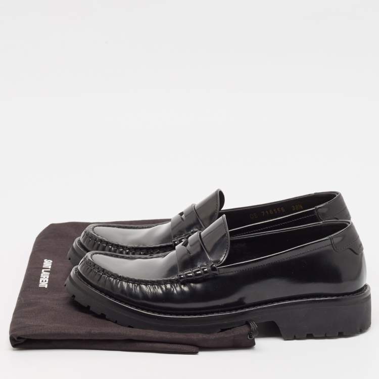Pre Owned Saint Laurent Black Leather Penny  Loafers Size 38.5