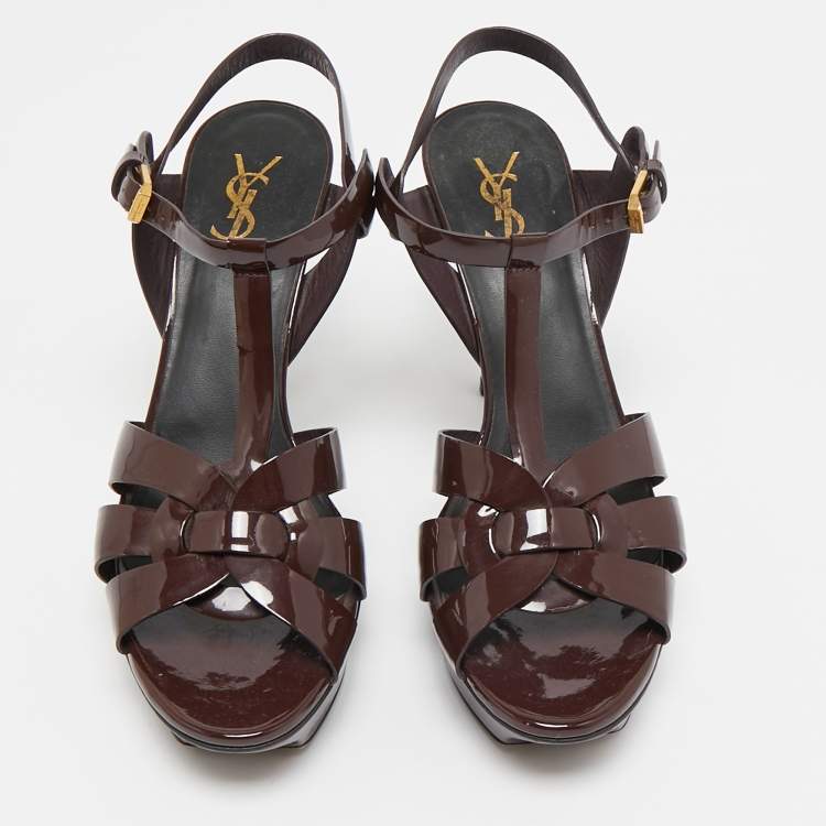 Pre Owned Saint Laurent Burgundy Patent Leather Tribute Platform Sandals Size 40