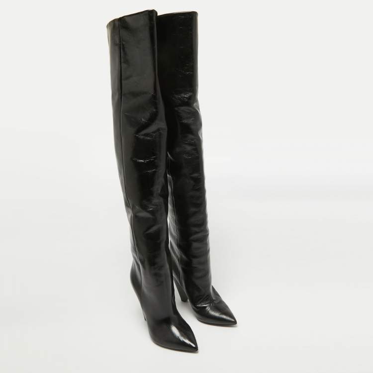 Pre Owned Saint Laurent Black Leather Over The Knee Boots Size 39