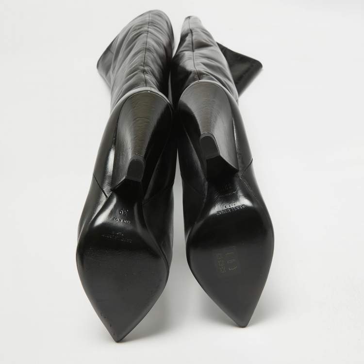 Pre Owned Saint Laurent Black Leather Over The Knee Boots Size 39