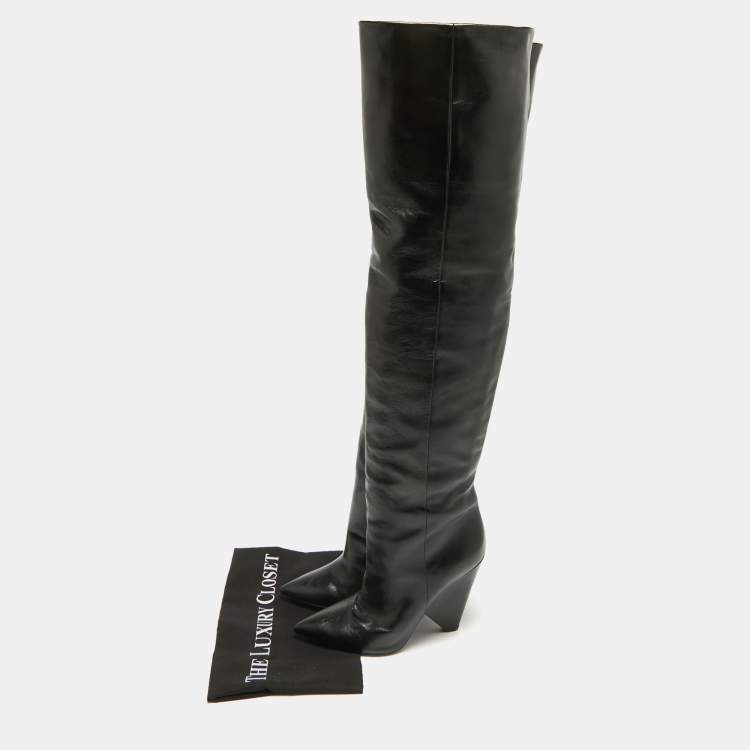 Pre Owned Saint Laurent Black Leather Over The Knee Boots Size 39