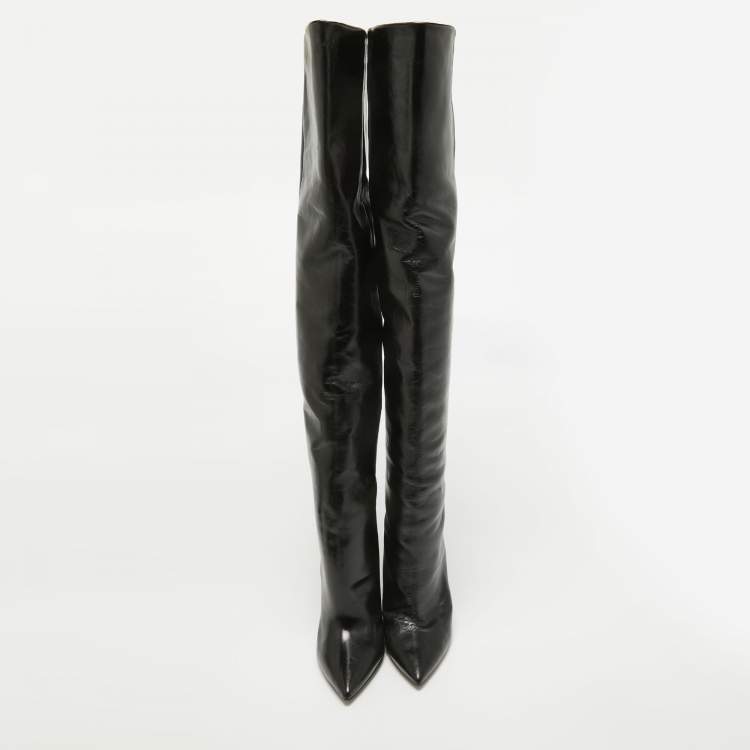 Pre Owned Saint Laurent Black Leather Over The Knee Boots Size 39