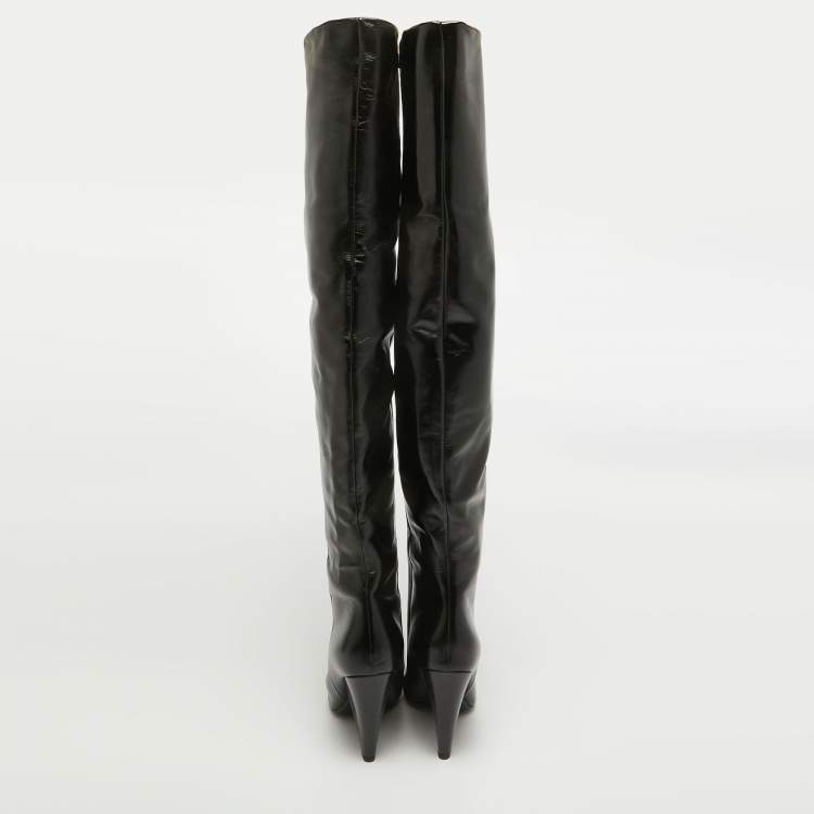 Pre Owned Saint Laurent Black Leather Over The Knee Boots Size 39