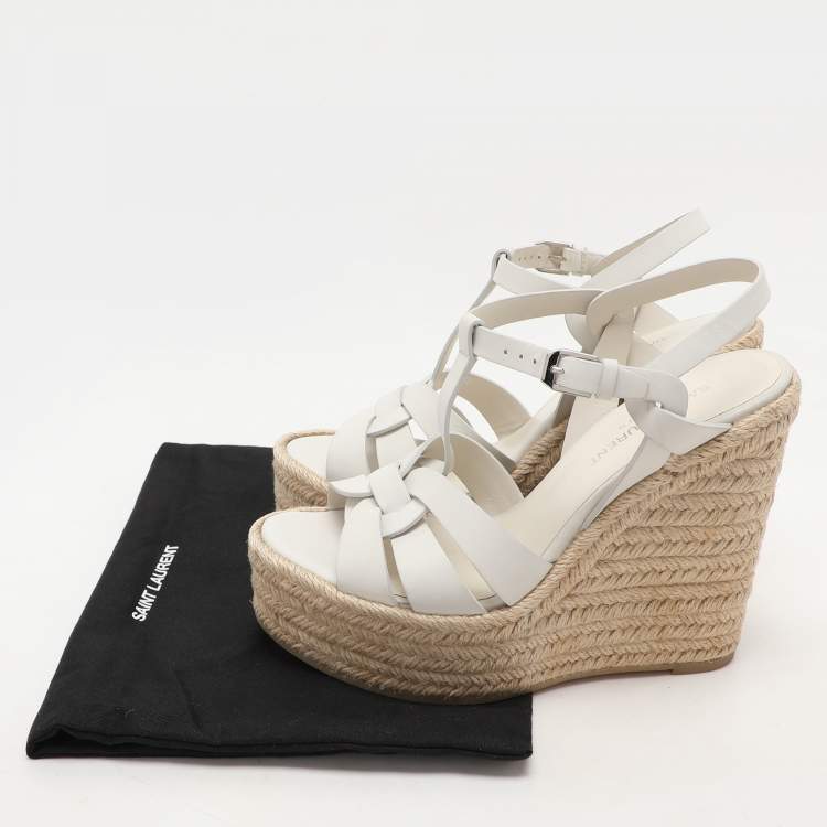 Pre Owned Saint Laurent White Leather Tribute Wedge Espadrille Sandals Size 36.5