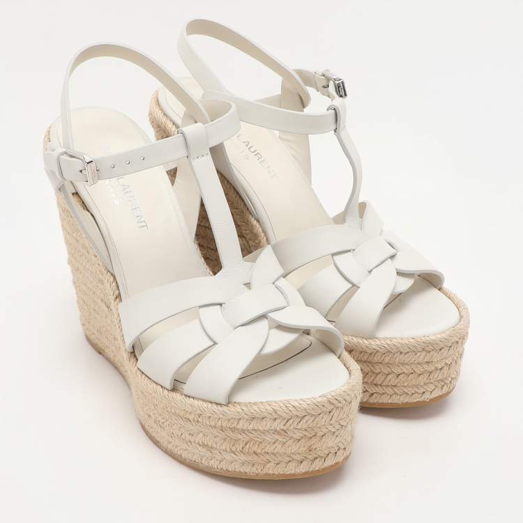 Pre Owned Saint Laurent White Leather Tribute Wedge Espadrille Sandals Size 36.5