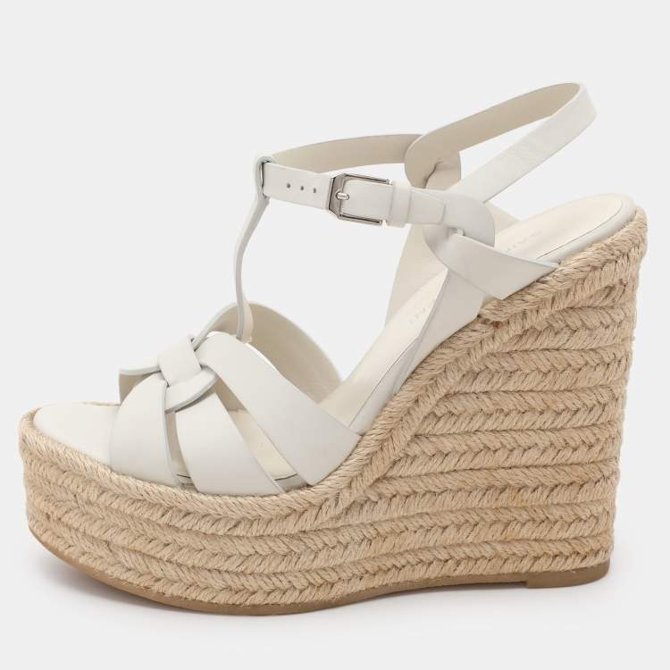 Pre Owned Saint Laurent White Leather Tribute Wedge Espadrille Sandals Size 36.5